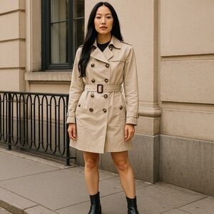 Classic Tan Trench Coat with Structured Shoulders and Belted Waist
